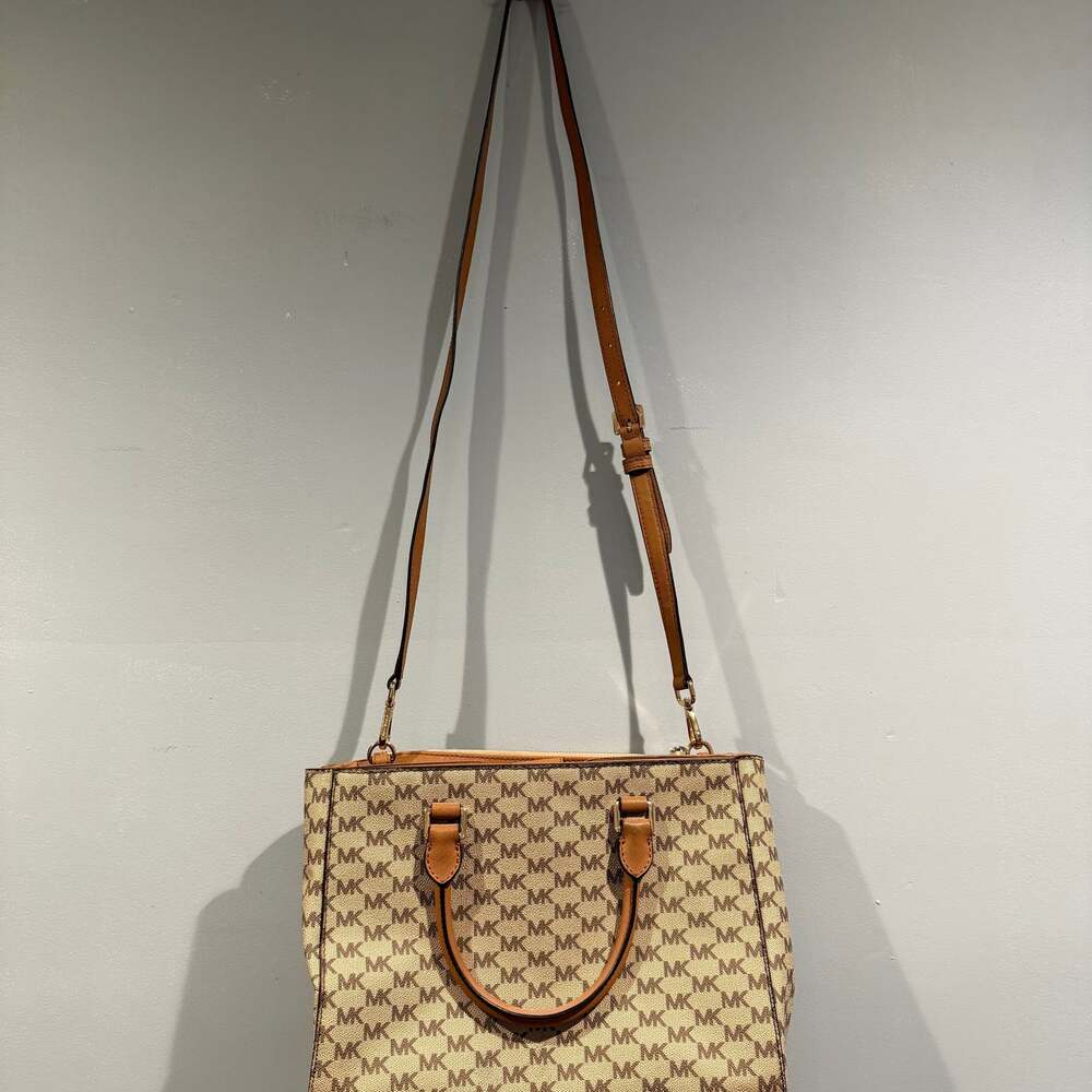 Michael Kors Jet Set Signature Tote Bag Beige Brown Leather Trim - Picture 2 of 5